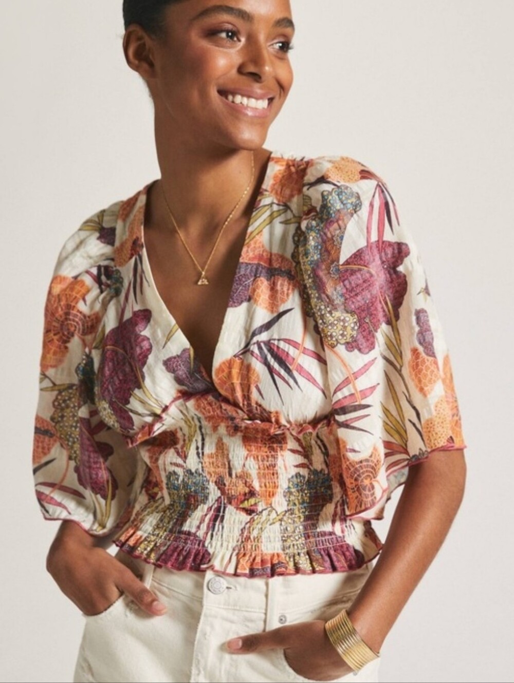 Anthropologie Smock Waist Floral Toe Back Top